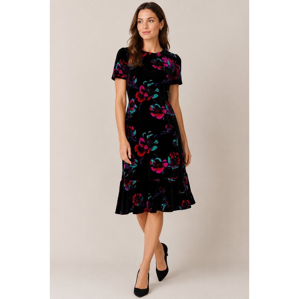 J.Crew Black Velvet Floral Flutter Sleeve Midi Dress Fit & Flare Size 4